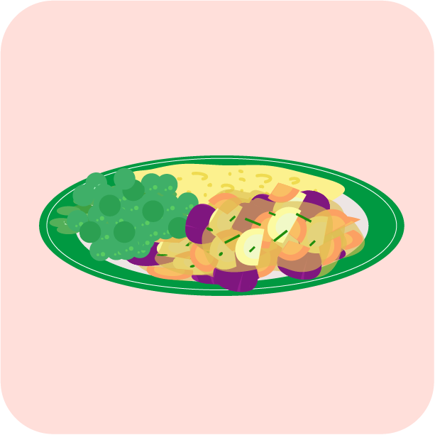 vakariņas (sautējumu, zirņus, biezeni).